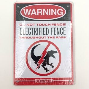 Jurassic World ELECTRIFIED FENCE RAPTOR WARNING Metal Tin 8 X 6" Sign